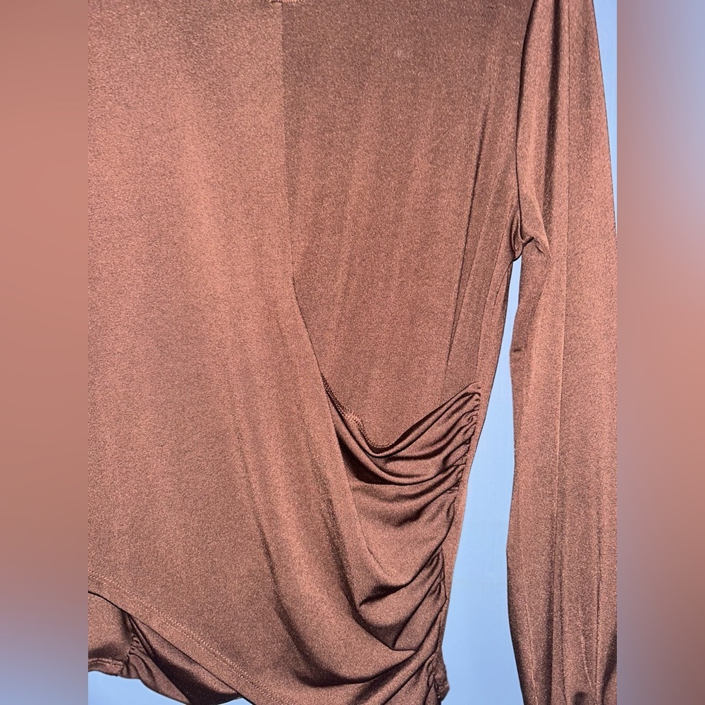 Eclair Draped Side-Ruched Brown Long Sleeve Top Women’s Medium - Picture 3 of 7